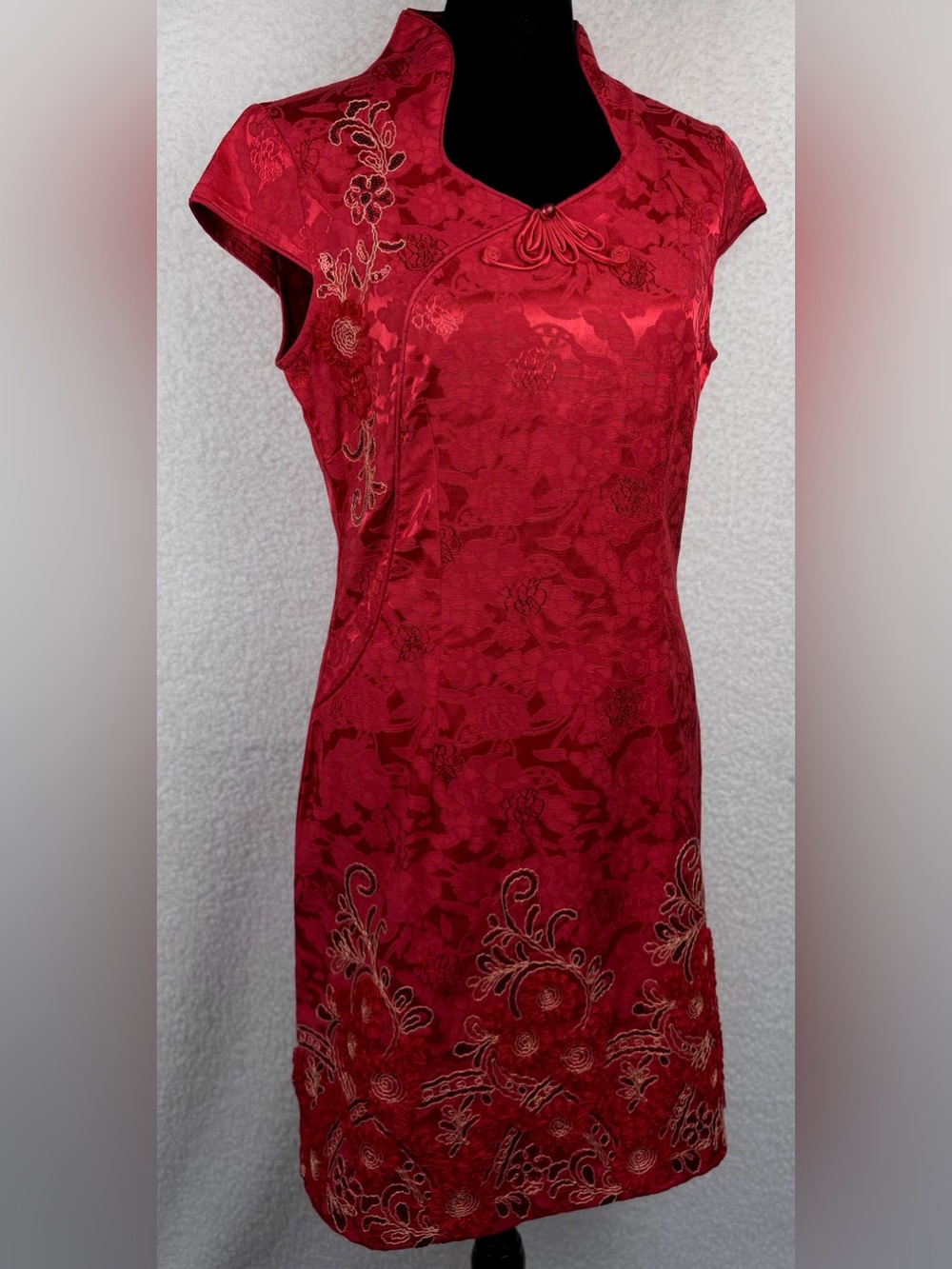 Red/Gold Floral Embroidered Mandarin Collar Sheath Mini Dress, XL - Picture 12 of 15